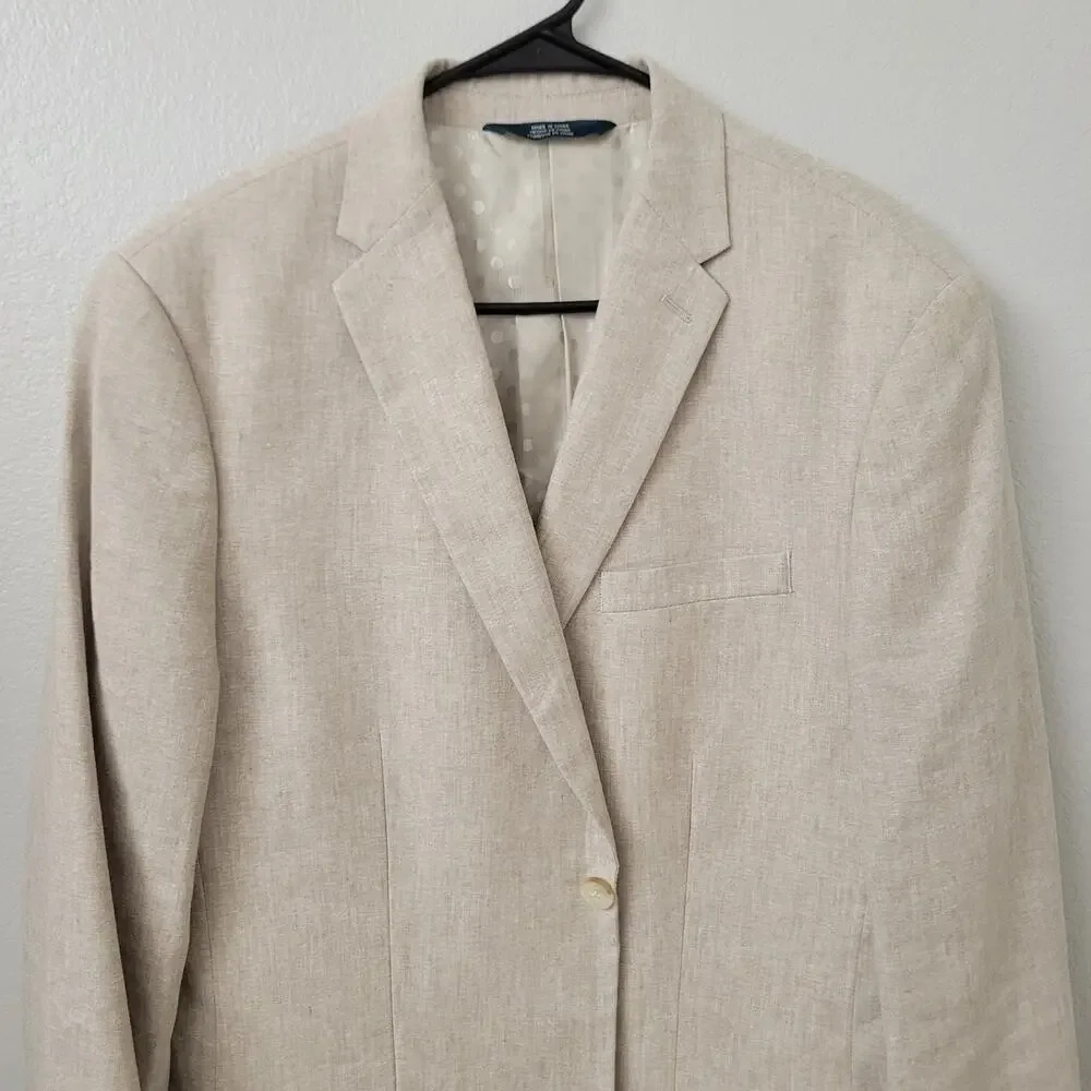 Perry Ellis Men's Linen Cotton Blazer Sport Coat Jacket Khaki Tan Sz 40 Long